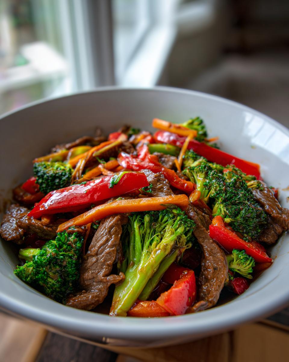 A close-up of a bowl filled with 30 minute beef stir fry, featuring tender beef strips, vibrant broccoli florets, and bright red bell pepper slices.