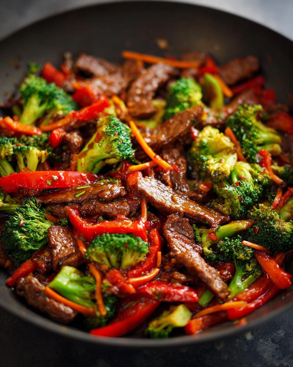 Close-up of a 30 minute beef stir fry in a wok, featuring tender beef strips, broccoli florets, red bell peppers, and carrots in a savory sauce.