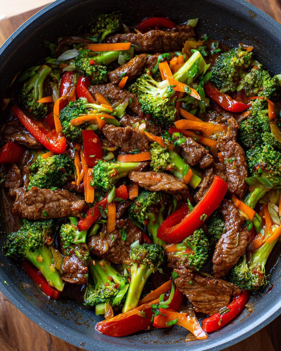 A close-up overhead view of a sizzling 30 minute beef stir fry in a pan, featuring tender beef strips, broccoli florets, sliced red bell peppers, and julienned carrots.