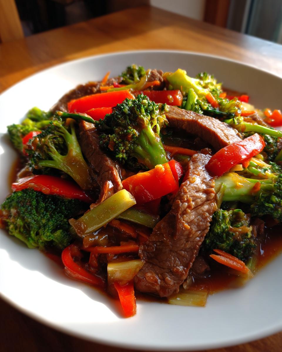 A close-up of a white plate filled with a colorful 30 minute beef stir fry, featuring tender beef strips, broccoli florets, red bell peppers, and carrots in a savory sauce.