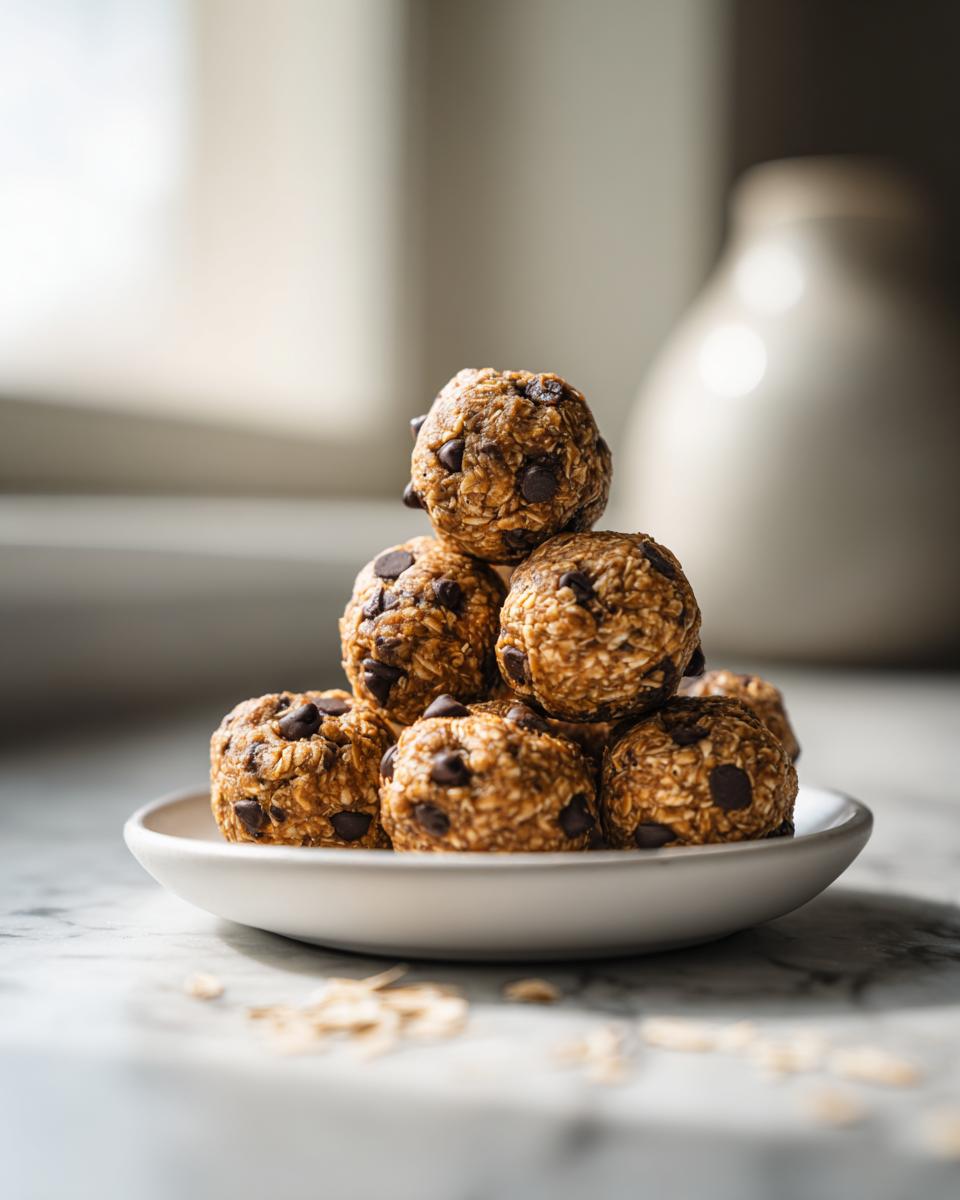A stack of 5 ingredient energy balls made with oats and chocolate chips on a white plate.