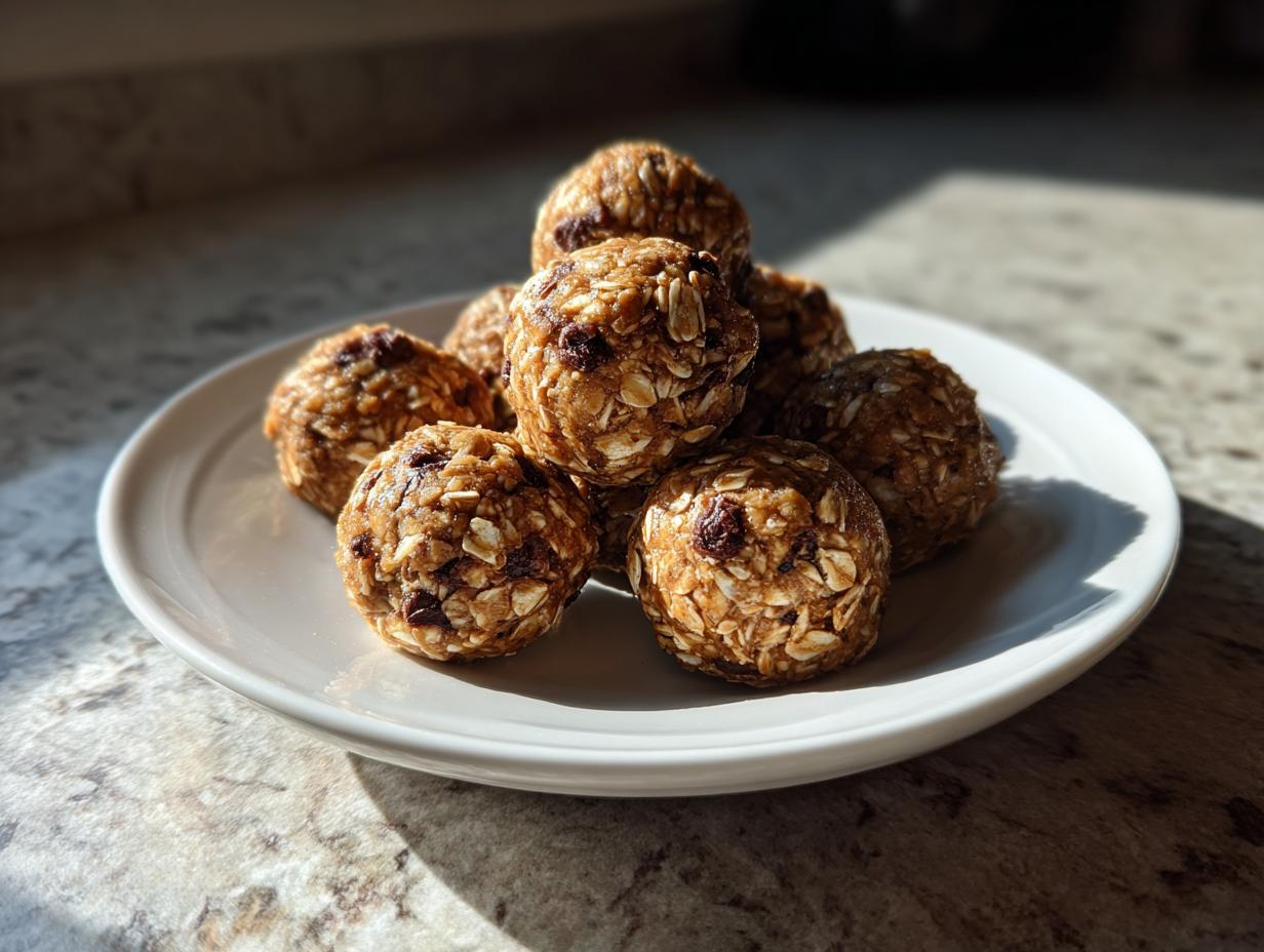 A pile of 5 ingredient energy balls made with oats and chocolate chips on a white plate.