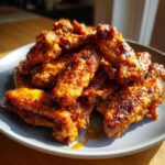 A close-up of a pile of perfectly cooked, crispy air fryer chicken wings glazed with a shiny sauce.