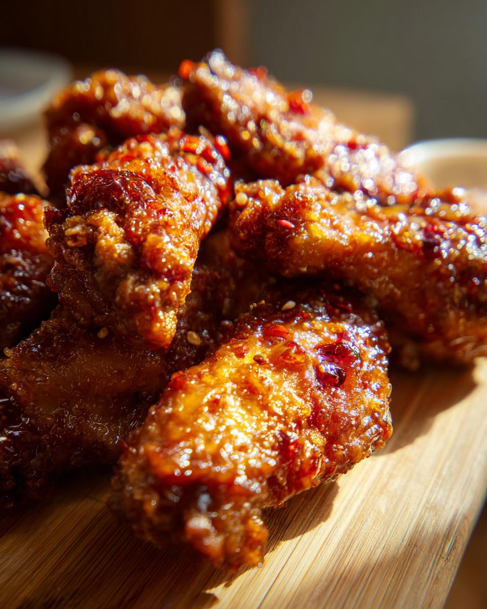 Close-up of a pile of crispy air fryer chicken wings coated in a glistening glaze and sprinkled with sesame seeds.