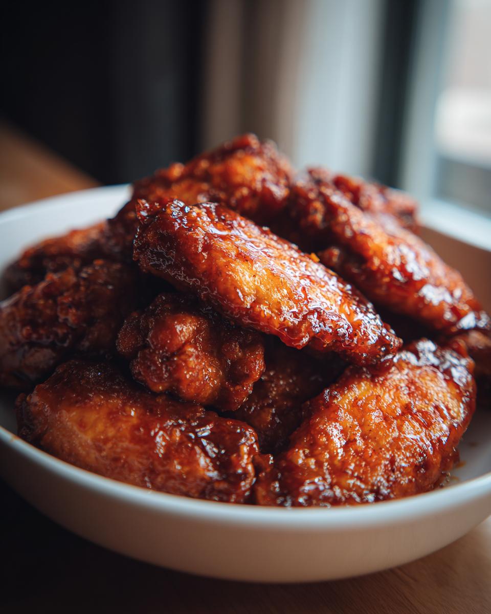 Close-up of a bowl filled with glossy, glazed air fryer chicken wings.