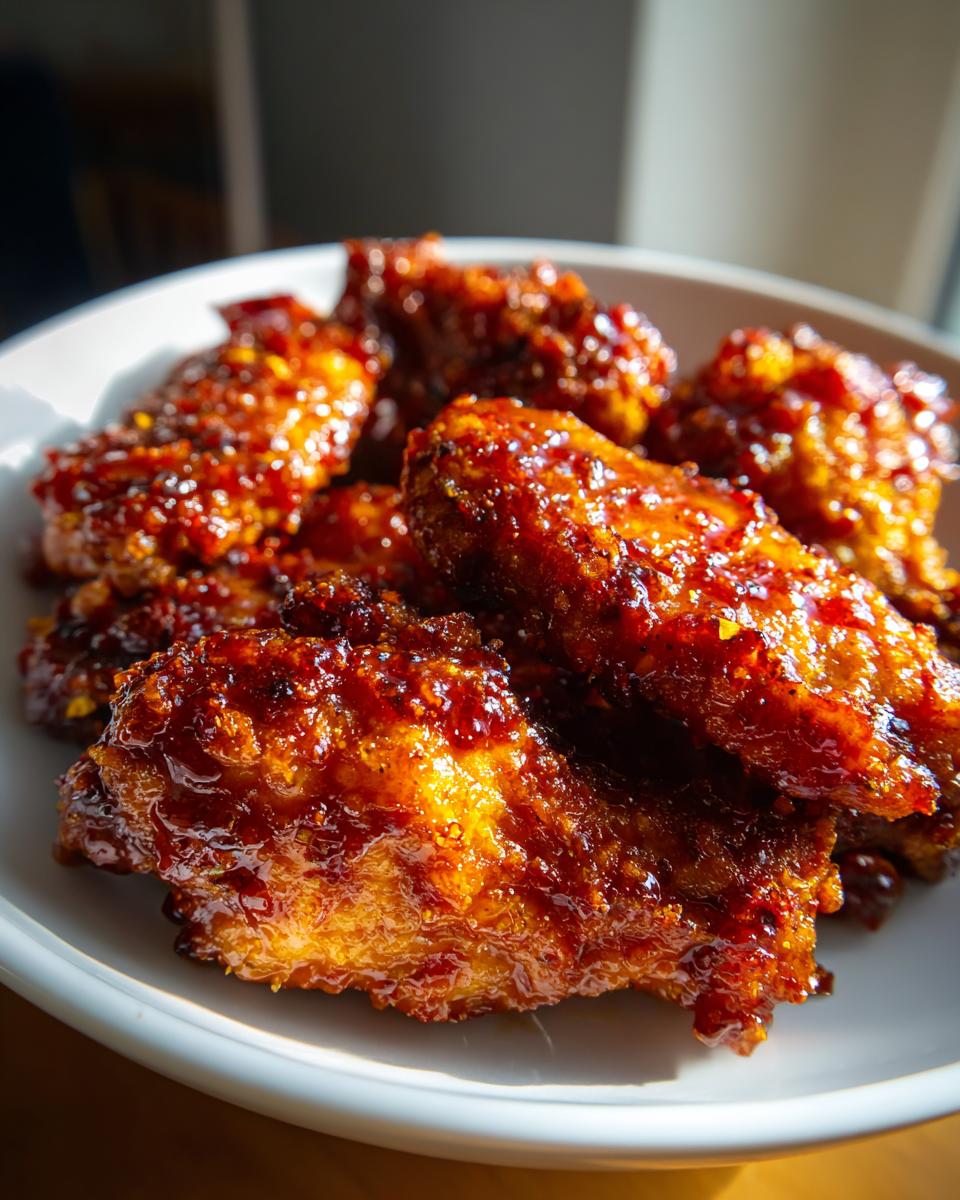 Close-up of glossy, glazed air fryer chicken wings in a white bowl, ready to eat.