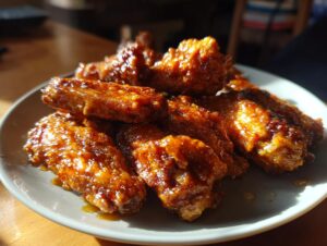 A close-up shot of a plate piled high with crispy air fryer chicken wings, coated in a glossy, golden-brown glaze.