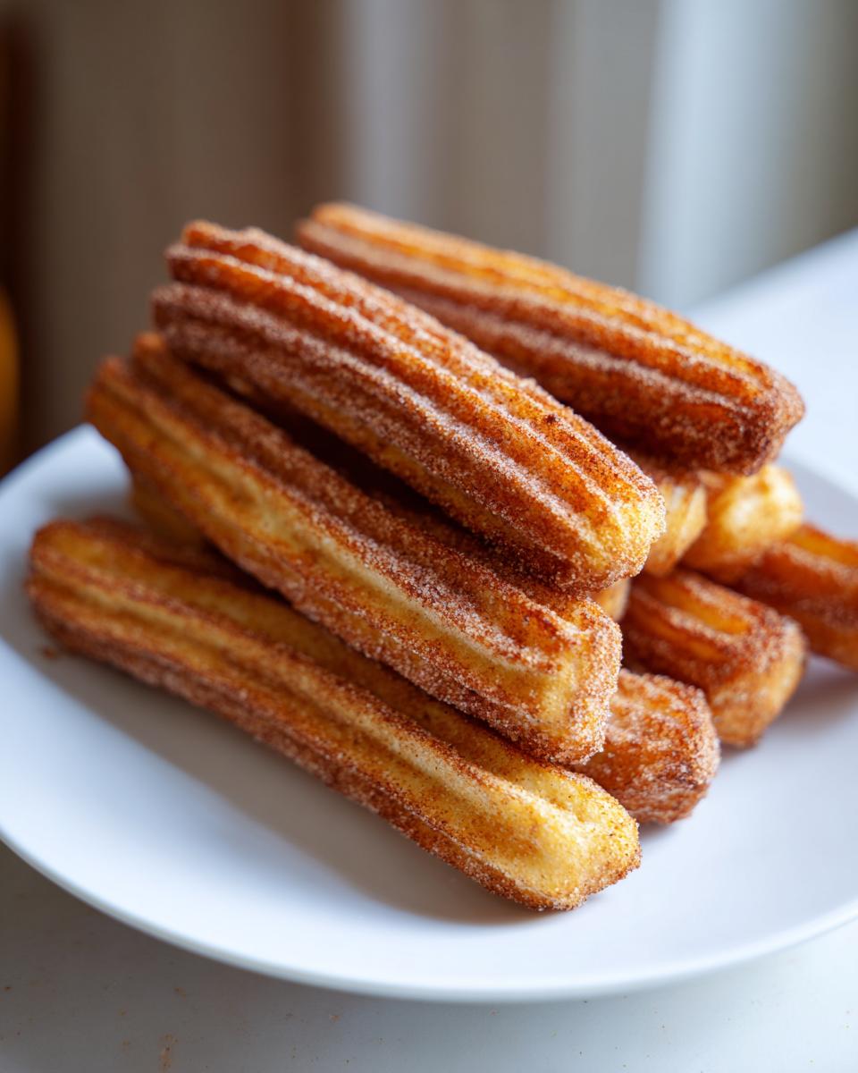 A close-up shot of a pile of golden brown air fryer churros coated in cinnamon sugar.