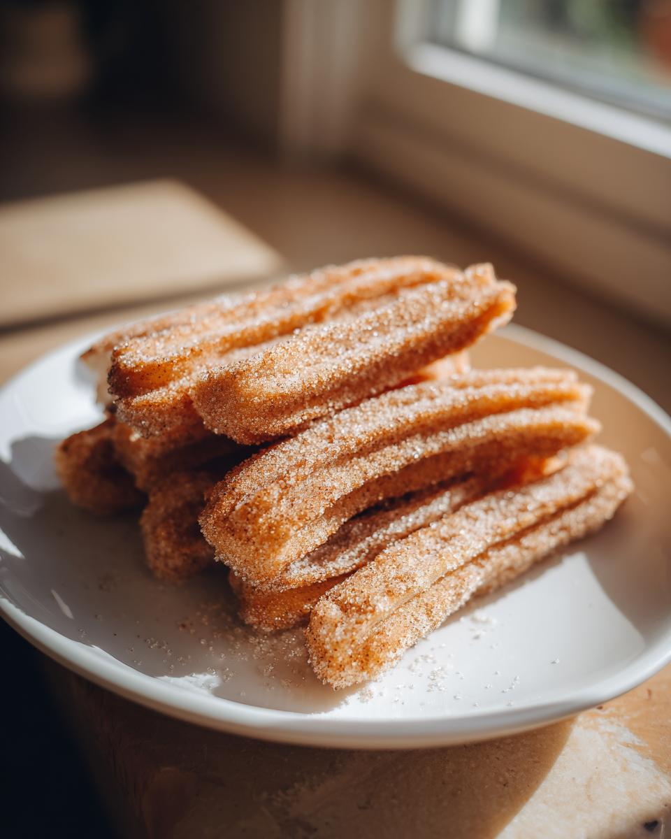 A close-up of a stack of golden-brown air fryer churros generously coated in cinnamon sugar.