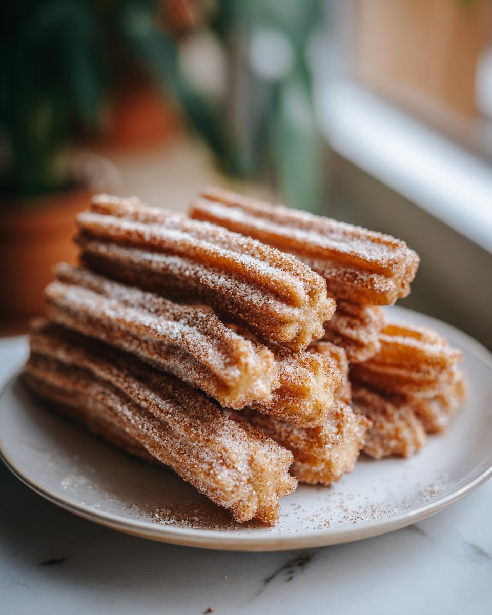 A close-up shot of a pile of golden-brown air fryer churros dusted with cinnamon sugar.