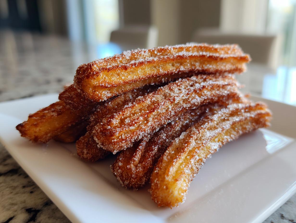 A close-up of a stack of golden-brown air fryer churros generously coated in cinnamon sugar.
