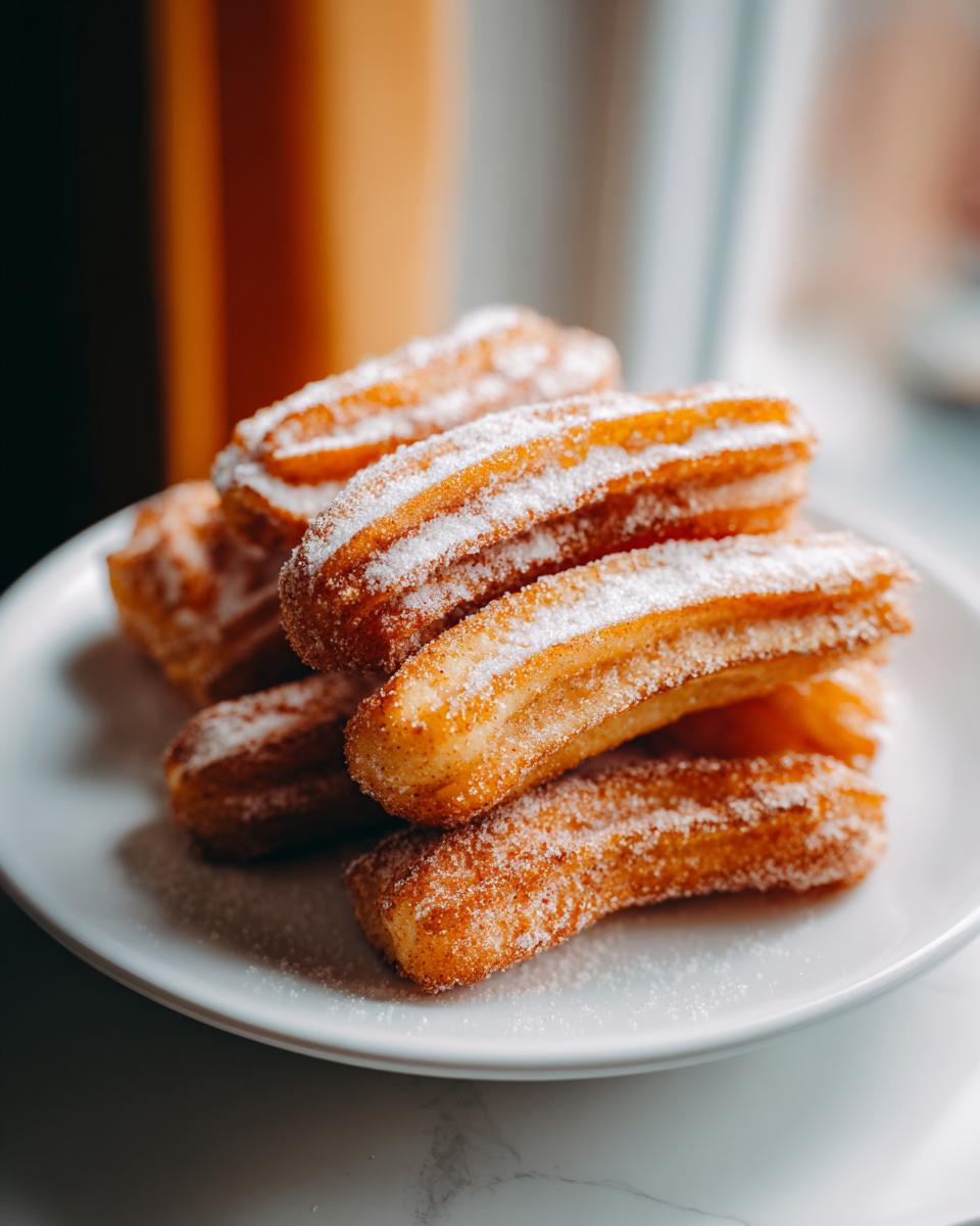A close-up of a stack of golden-brown air fryer churros dusted with powdered sugar.