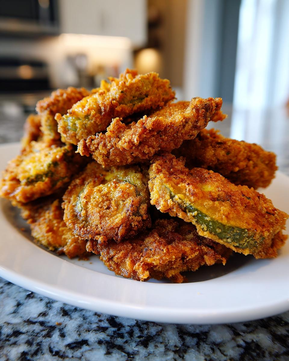 A close-up of a pile of golden brown, crispy air fryer fried pickles on a white plate.