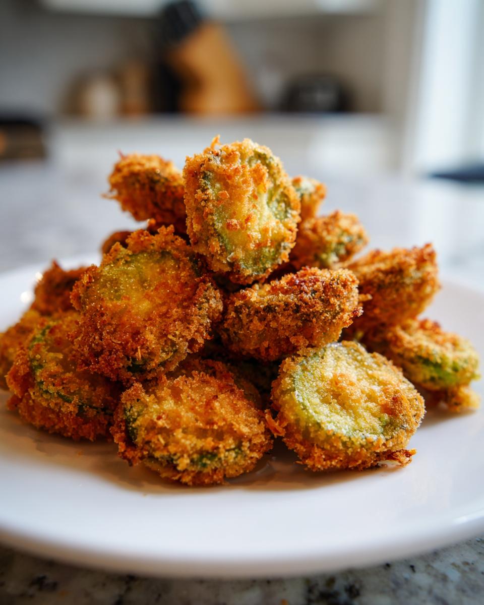 A pile of golden brown, crispy air fryer fried pickles on a white plate.