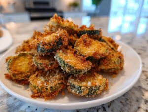 A pile of golden brown air fryer fried pickles on a white plate, showcasing their crispy coating.