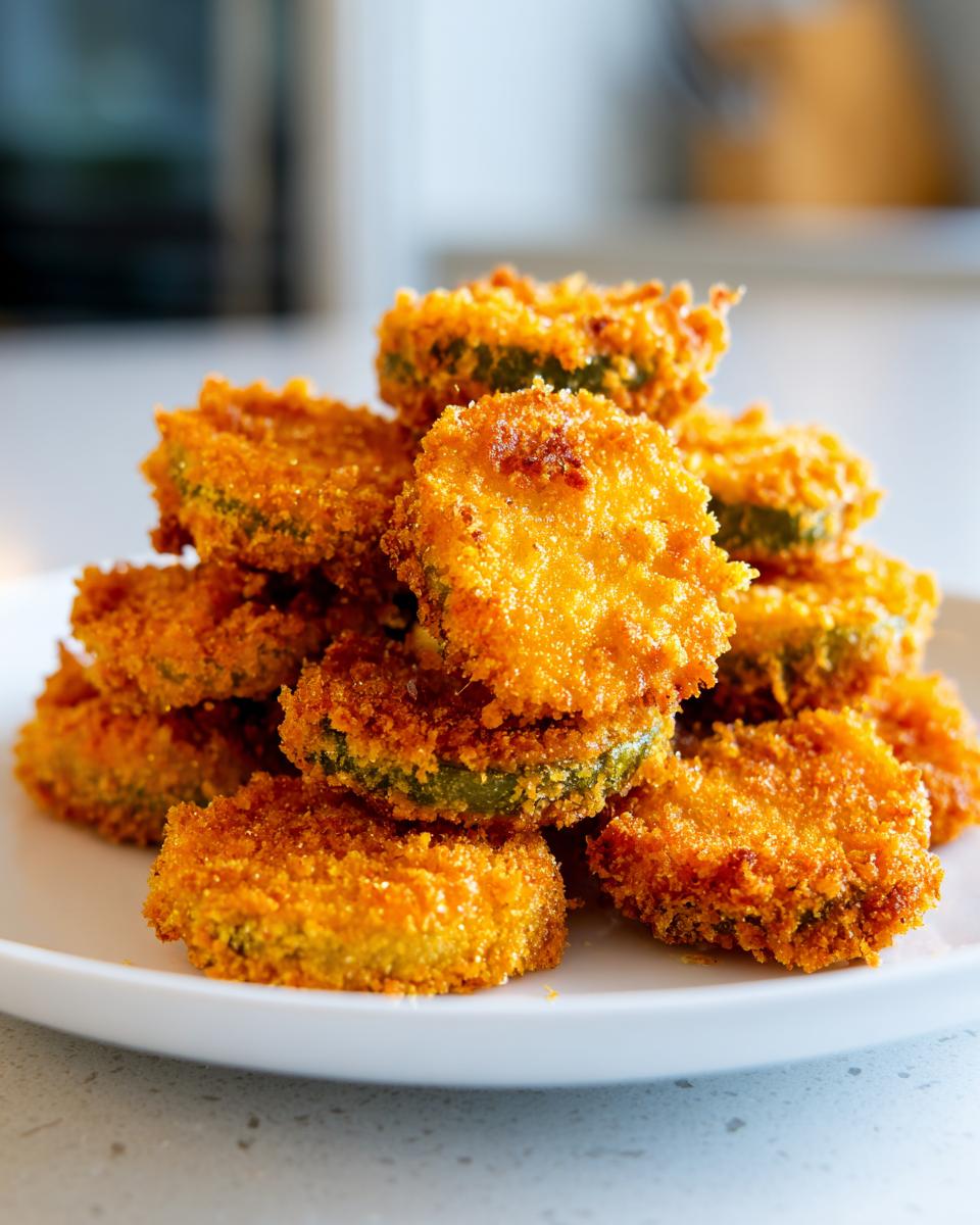 A close-up shot of a stack of golden brown, crispy air fryer fried pickles on a white plate.