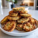 A tall stack of golden brown, crispy air fryer fried pickles on a white plate.