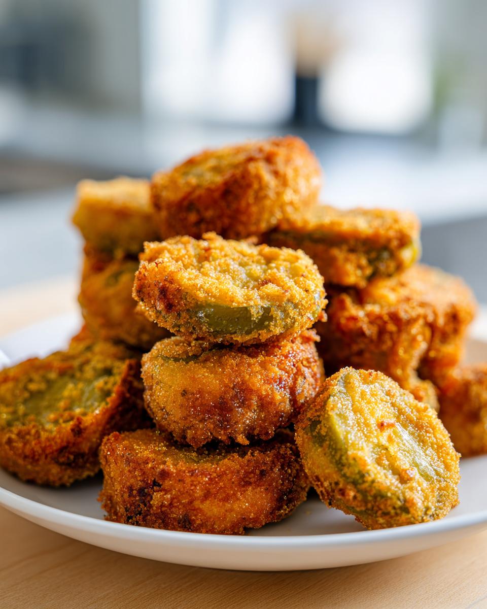 A close-up of a stack of golden-brown air fryer fried pickles on a white plate, showcasing their crispy coating.