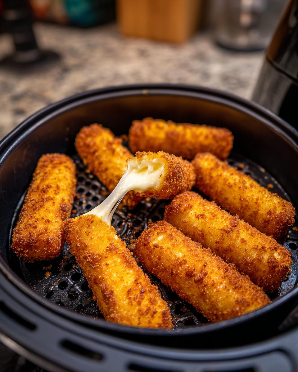 Close-up of golden-brown air fryer mozzarella sticks with gooey cheese pull.