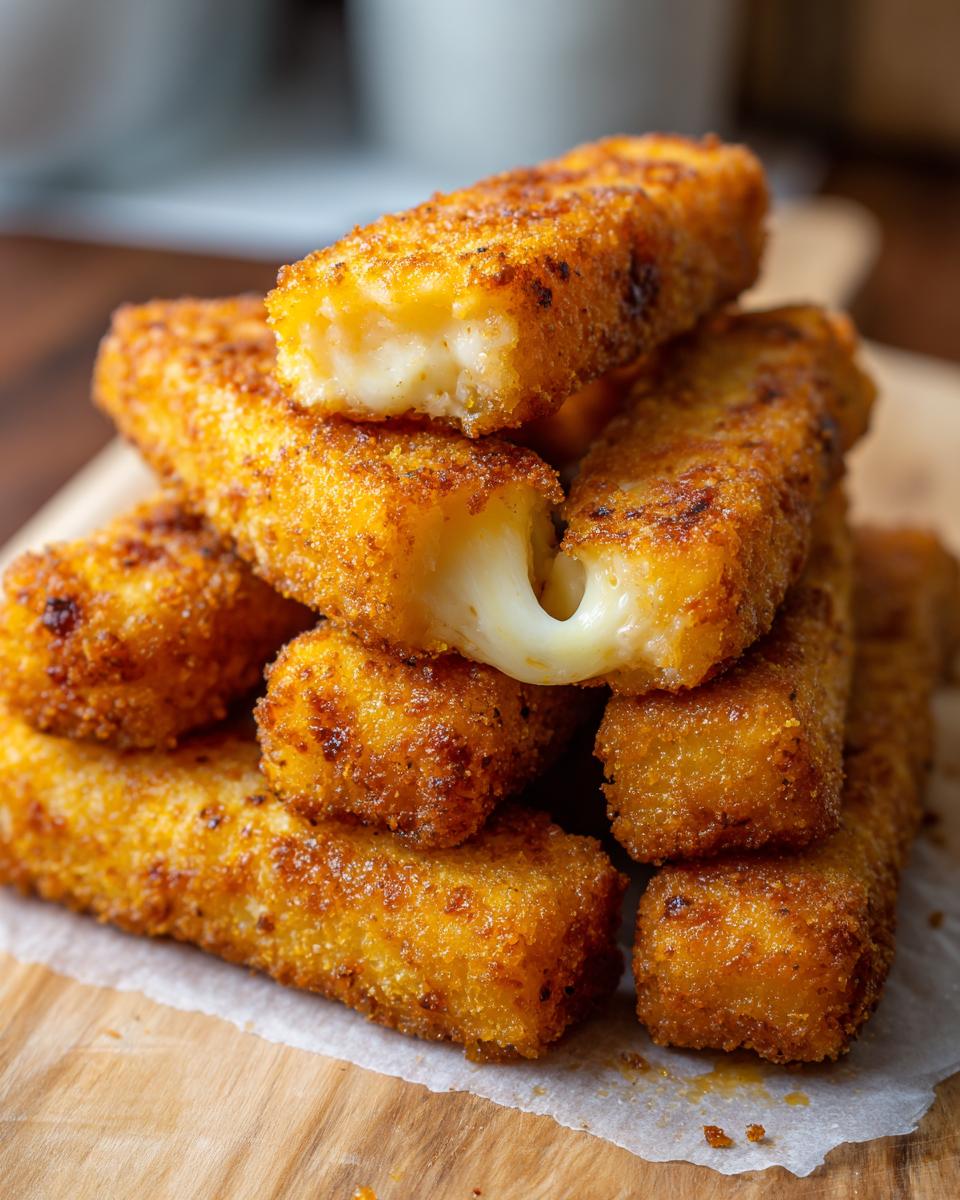 A stack of golden brown air fryer mozzarella sticks, with one broken open to show the melted cheese.