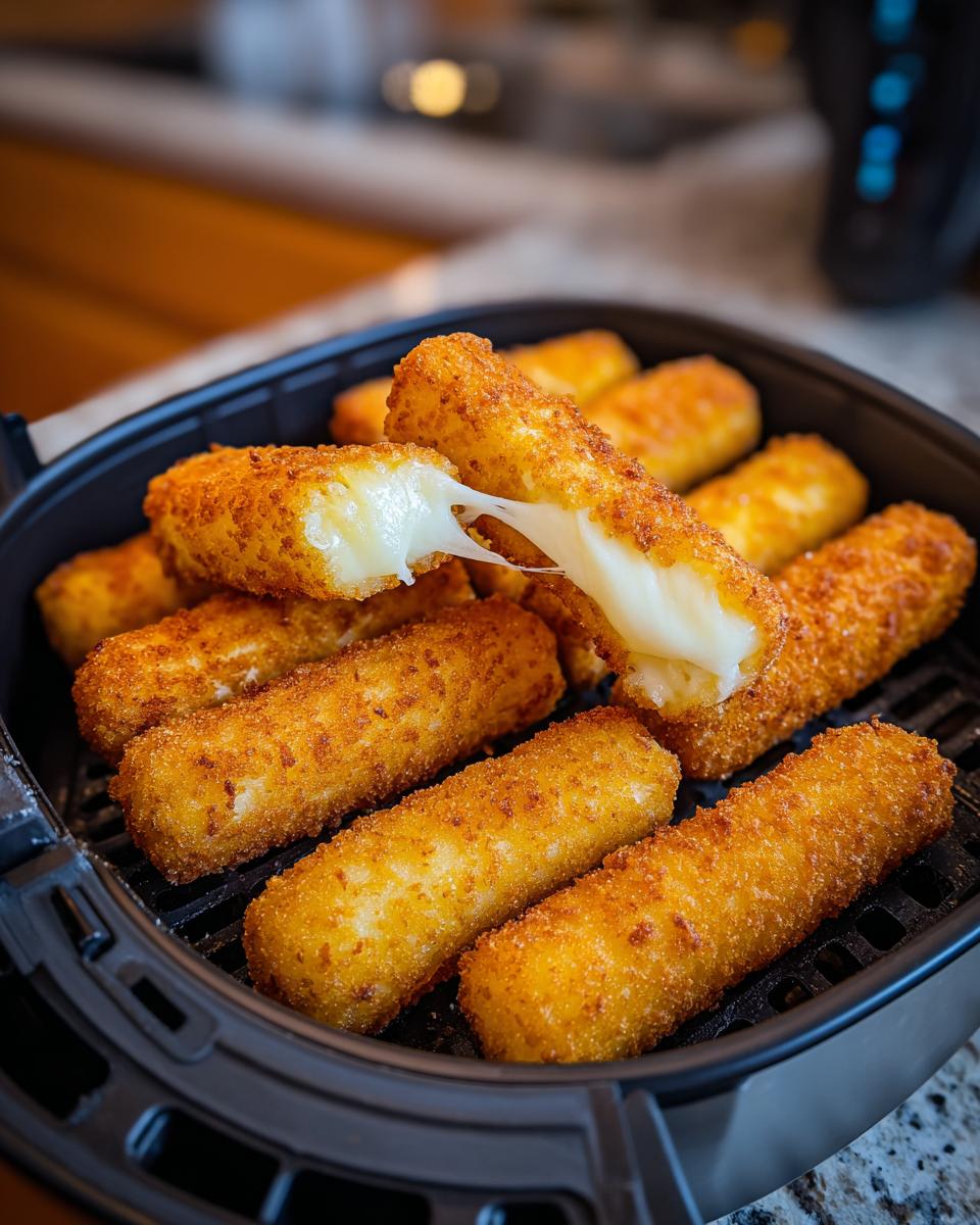 A basket of golden-brown air fryer mozzarella sticks, with one stick pulled apart to reveal melted, gooey cheese.