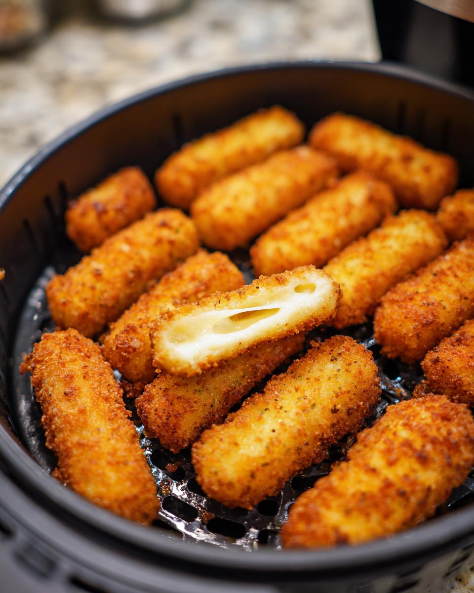 Close-up of golden brown air fryer mozzarella sticks in an air fryer basket, one is broken open showing melted cheese.