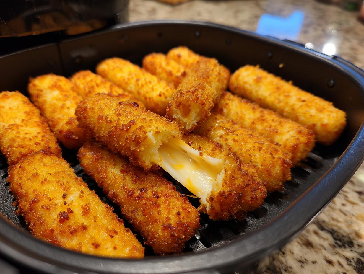 Close-up of golden brown air fryer mozzarella sticks, with one stick broken open to reveal melted, gooey cheese.