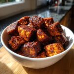 A white bowl filled with perfectly cooked air fryer salmon bites, seasoned with a bold spice blend.