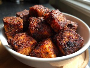 A bowl filled with golden-brown, seasoned air fryer salmon bites, ready to be enjoyed.
