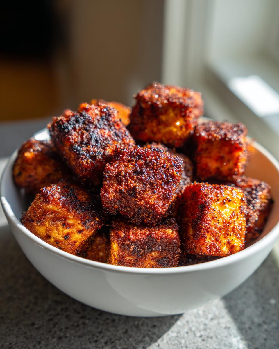 A white bowl filled with crispy, seasoned air fryer salmon bites, catching the sunlight.