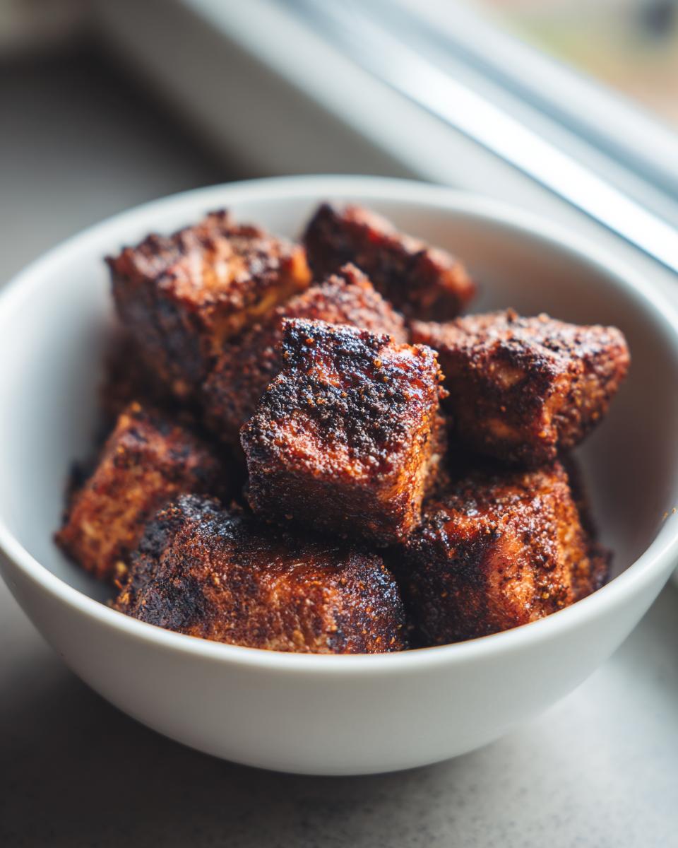 Close-up of seasoned air fryer salmon bites piled in a white bowl, showing their crispy texture.