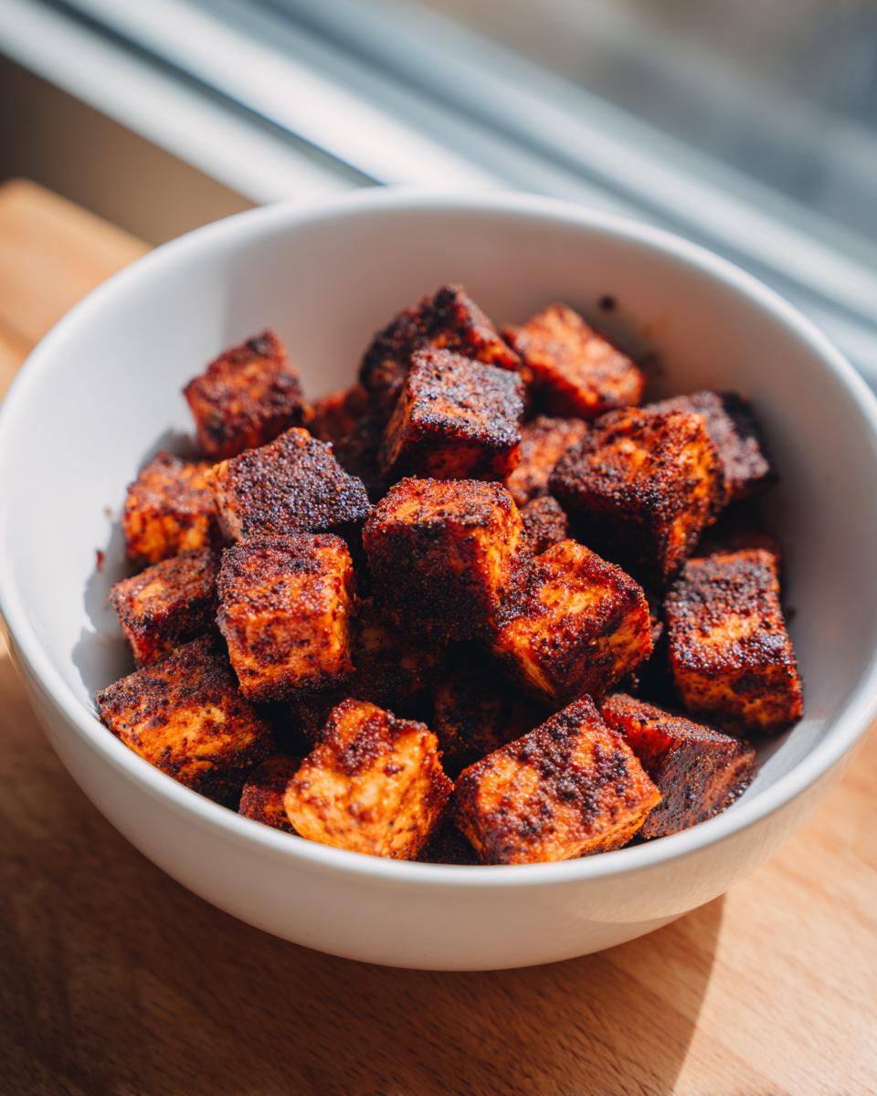 Close-up of a white bowl filled with seasoned air fryer salmon bites.
