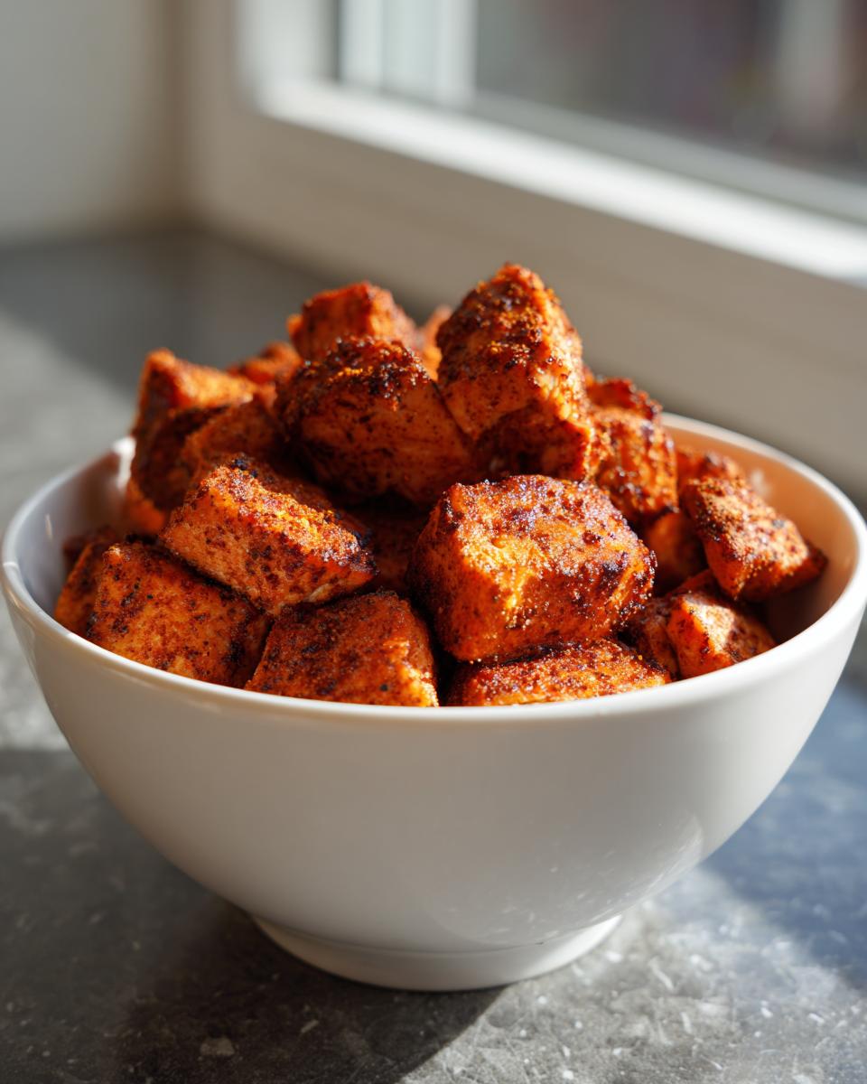 A white bowl filled with seasoned air fryer salmon bites, ready to eat.