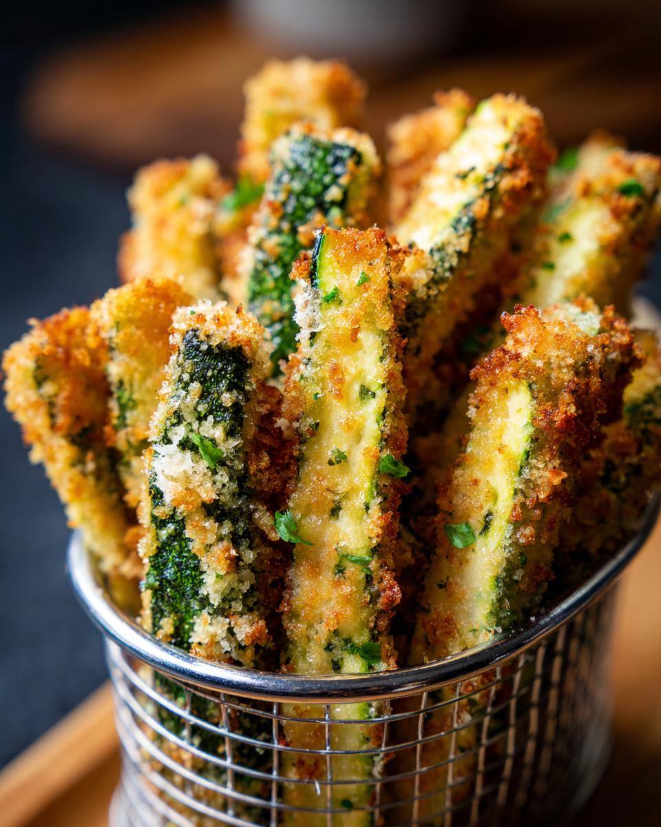 Close-up of crispy air fryer zucchini fries in a metal basket, seasoned with herbs.