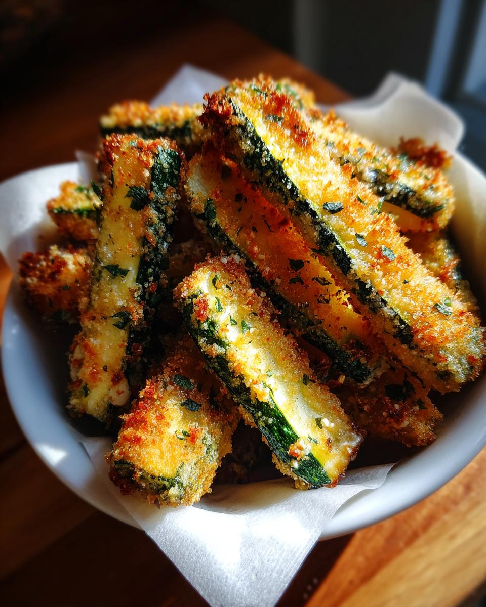 Close-up of a bowl filled with crispy air fryer zucchini fries, seasoned with herbs and breadcrumbs.