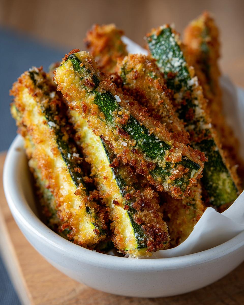 Close-up of crispy air fryer zucchini fries in a white bowl, coated in breadcrumbs and cheese.