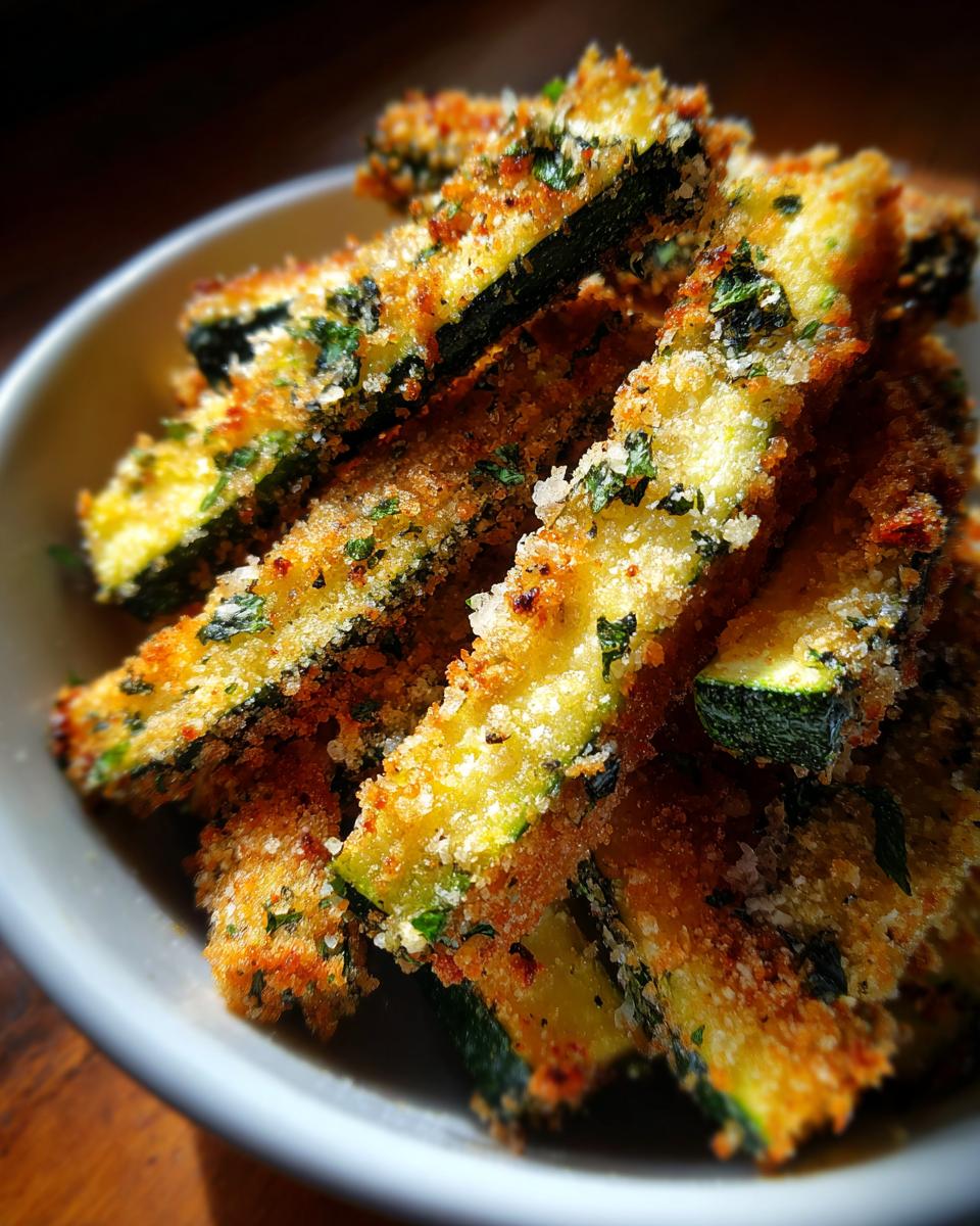 Close-up of crispy air fryer zucchini fries coated in breadcrumbs and herbs, piled in a white bowl.