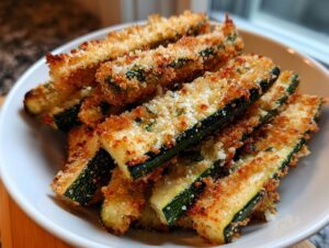 A close-up of a bowl filled with crispy air fryer zucchini fries, coated in breadcrumbs and herbs.