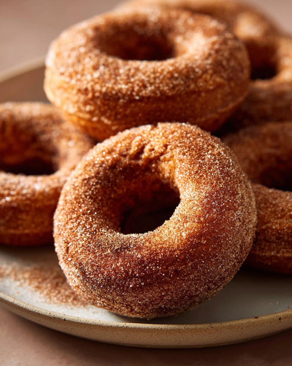 A close-up of several delicious apple cider donuts generously coated in cinnamon sugar.