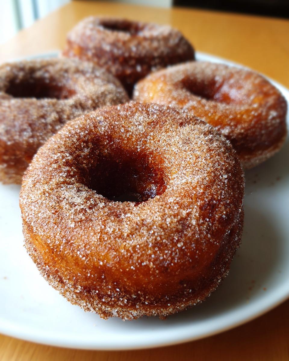 A close-up of four freshly baked apple cider donuts coated in cinnamon sugar, arranged on a white plate.