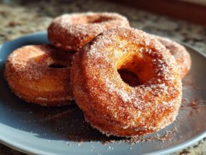 A close-up of four freshly made apple cider donuts coated in cinnamon sugar on a blue plate.