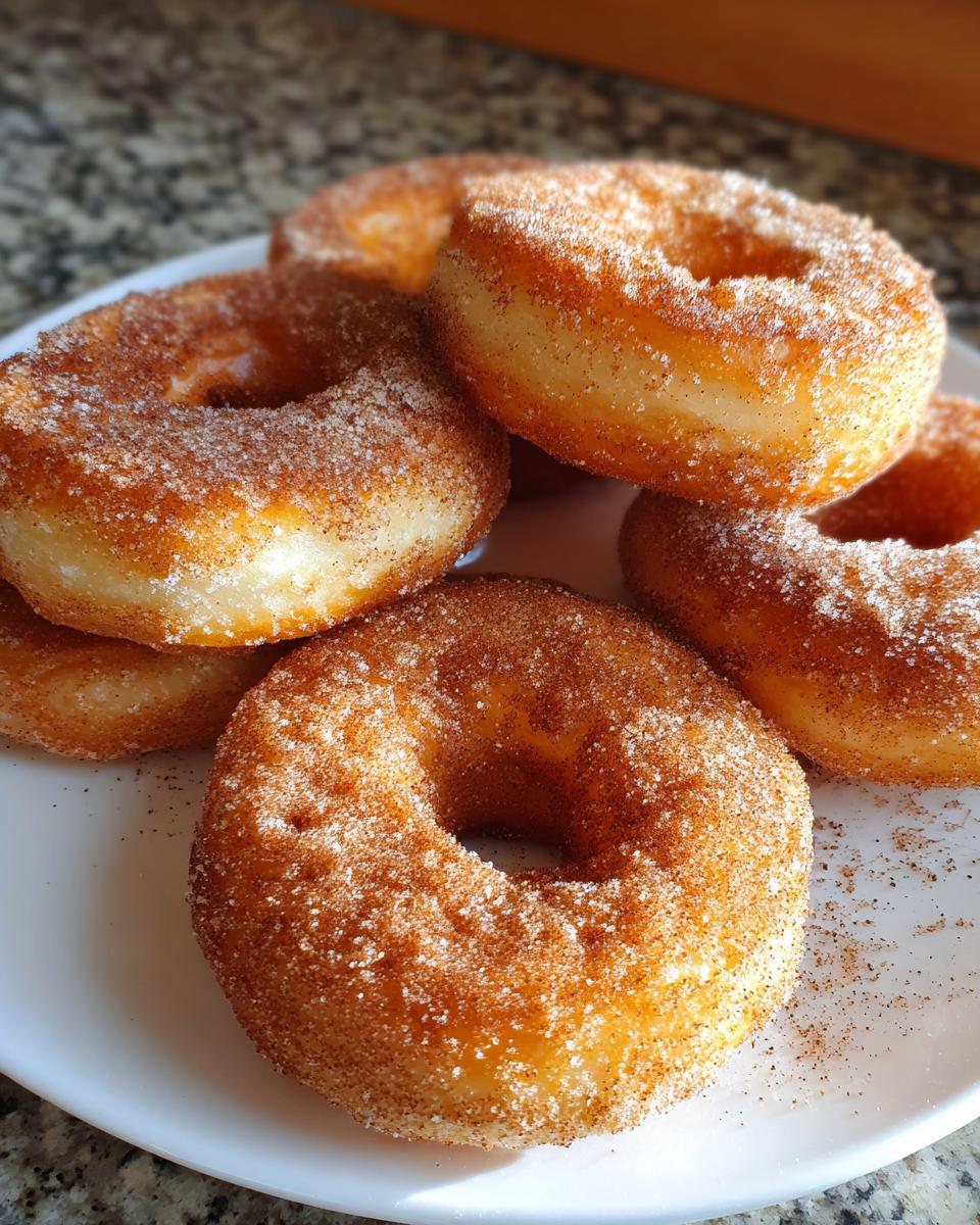 A close-up of several freshly made apple cider donuts generously coated in cinnamon sugar.