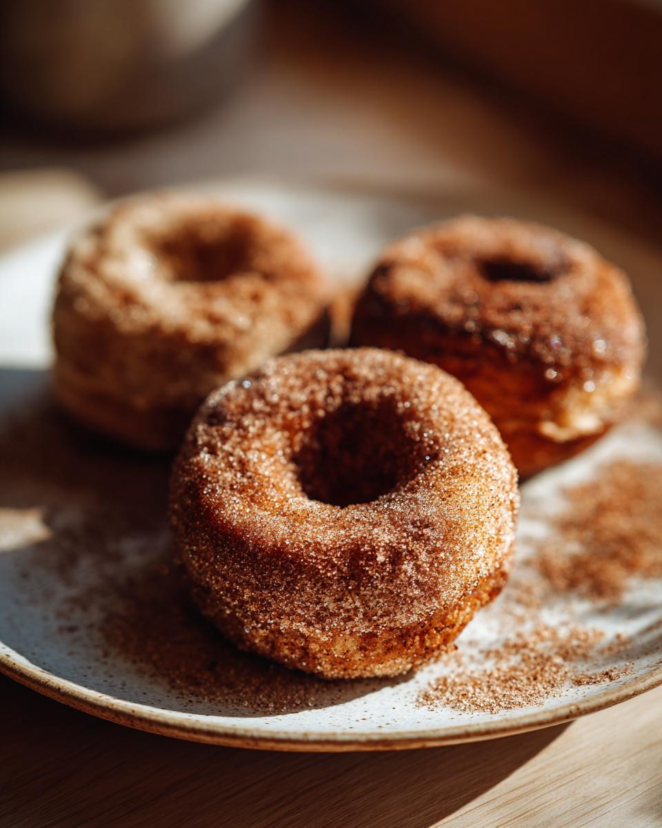 Three freshly baked apple cider donuts coated in cinnamon sugar, presented on a textured plate.