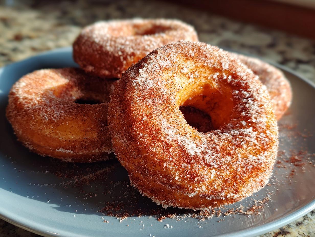 A close-up of four freshly made apple cider donuts coated in cinnamon sugar on a blue plate.