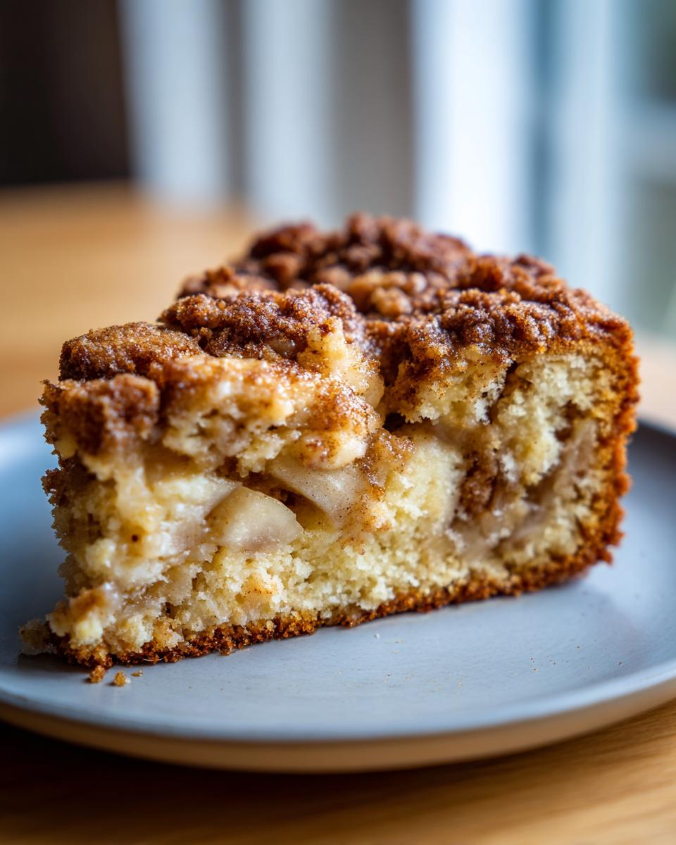 A close-up of a slice of moist apple coffee cake with a crumb topping.