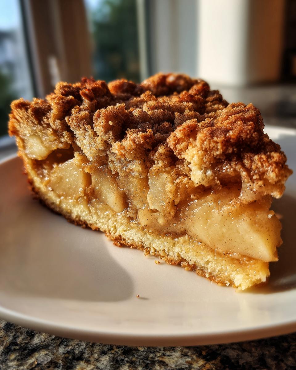 A close-up of a moist apple coffee cake slice on a white plate, featuring tender apple pieces and a cinnamon crumble topping.