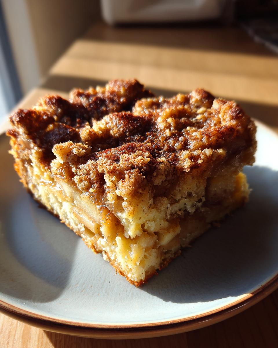 A close-up of a moist apple coffee cake slice on a plate, featuring tender cake, apple chunks, and a cinnamon crumble topping.