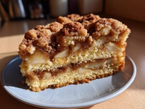 A close-up of a moist apple coffee cake slice on a blue plate, featuring layers of tender cake, cinnamon-spiced apples, and a crumbly topping.