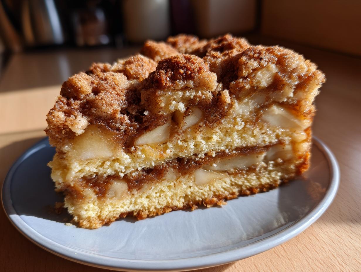 A close-up of a moist apple coffee cake slice on a blue plate, featuring layers of tender cake, cinnamon-spiced apples, and a crumbly topping.