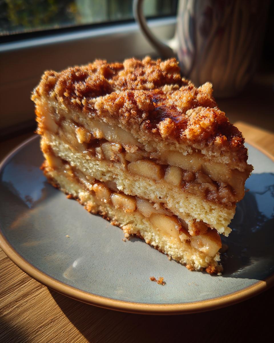 A delicious slice of moist apple coffee cake, featuring layers of tender cake and spiced apples with a crunchy crumble topping.